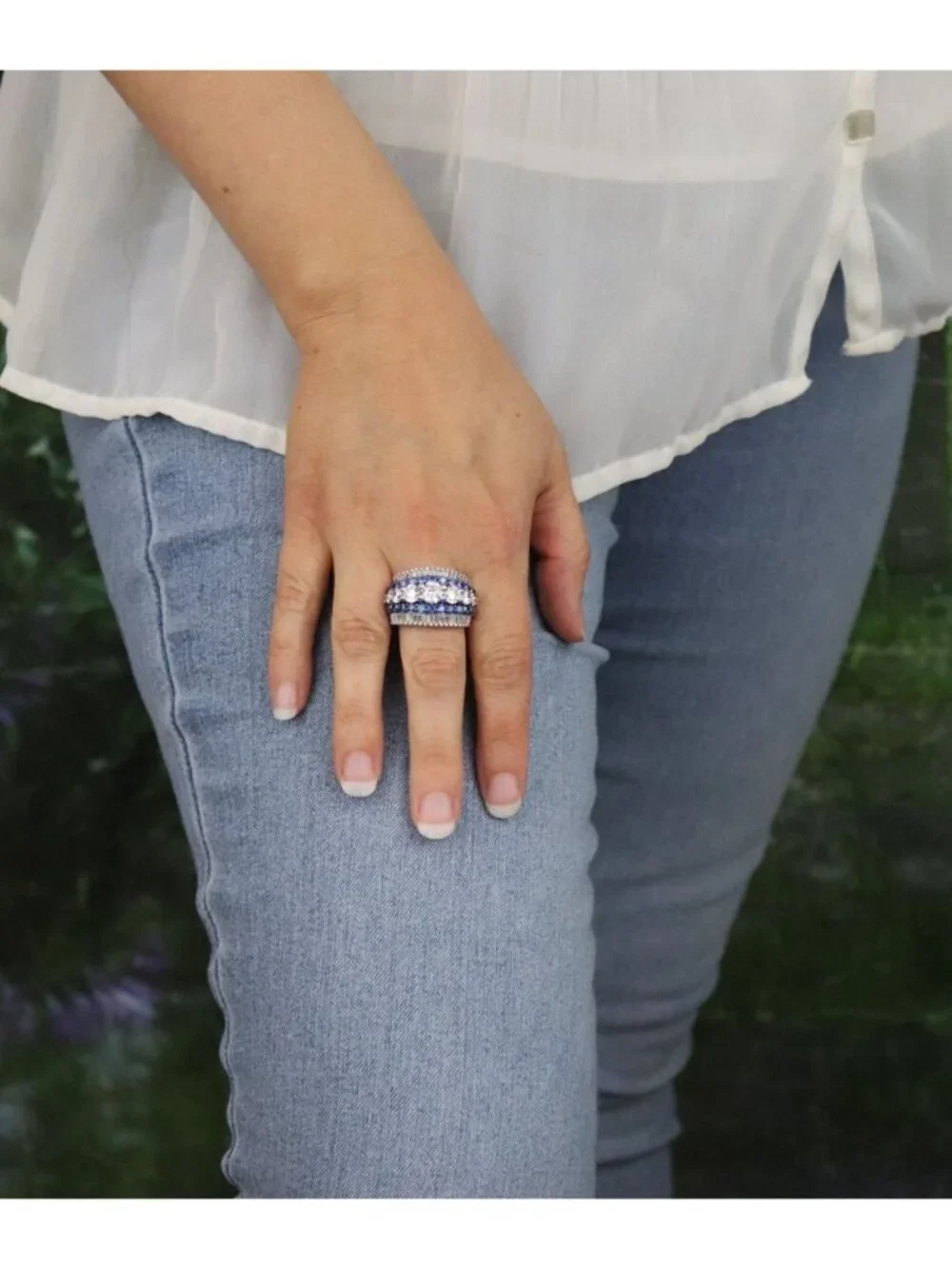 Sterling Silver Large Bold Sparkly White & Blue CZ Band Ring Size 10 1/4